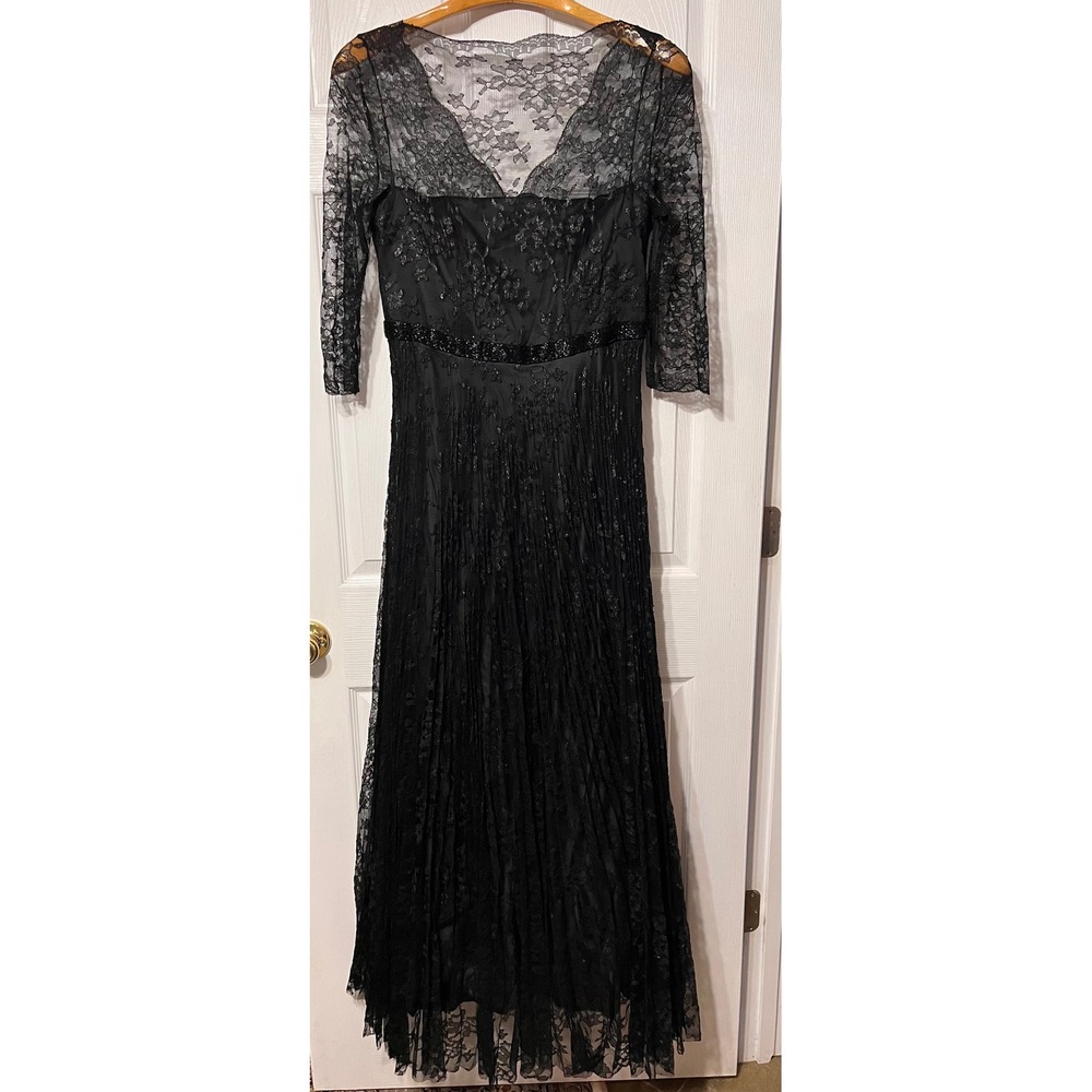 Tahari Arthur Levine Black Lace V-Back Evening Gown‎ Sz 12 Beaded Waist 3 Layers